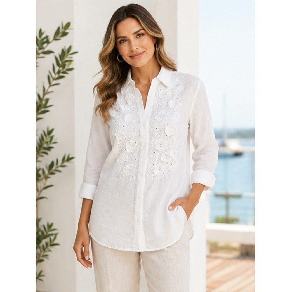 Charter Club Linen Tunic Women M Coastal Grandmother Floral Lace White Smocked